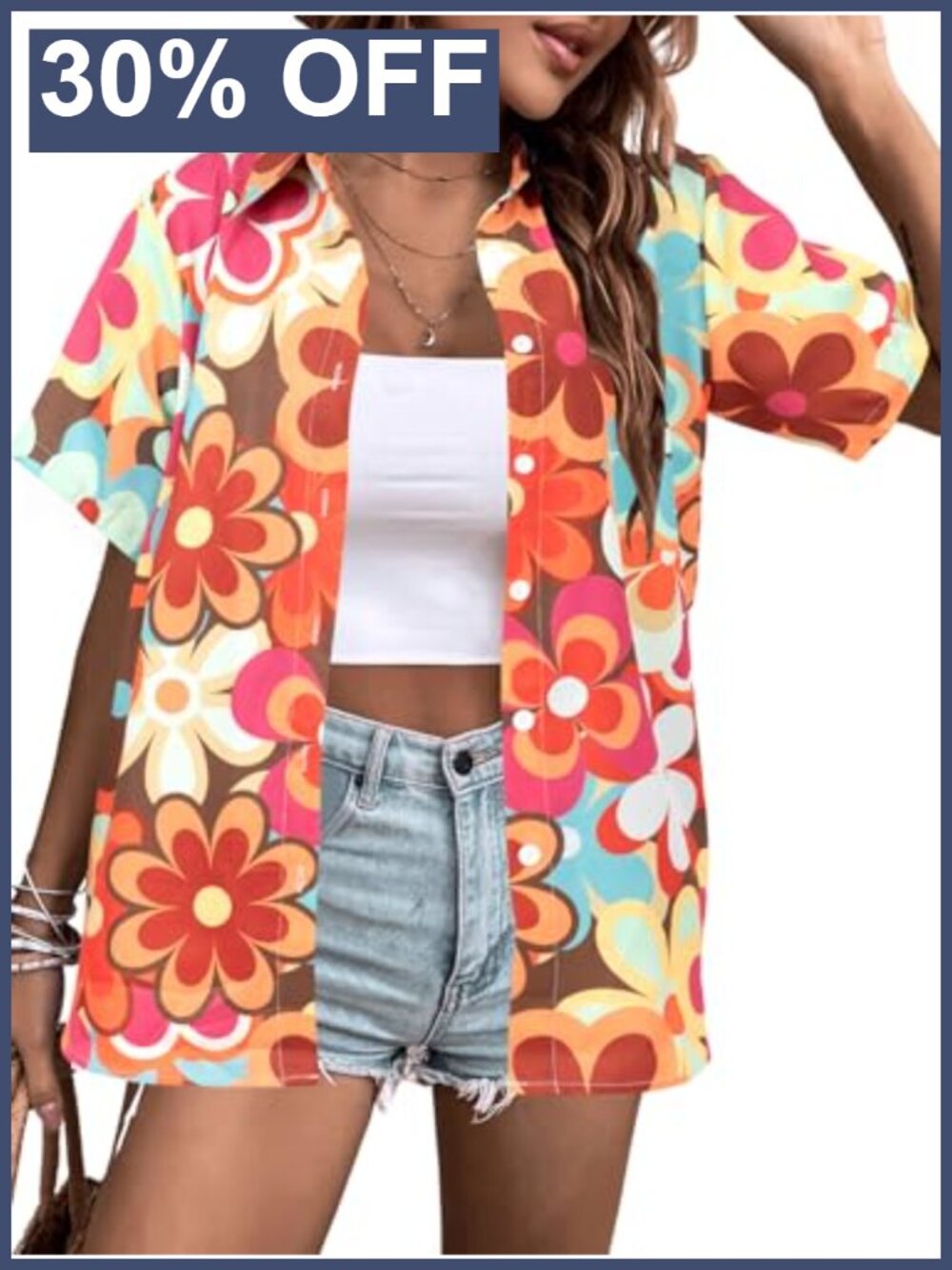 Retro Disco Floral Button Down Shirt Women